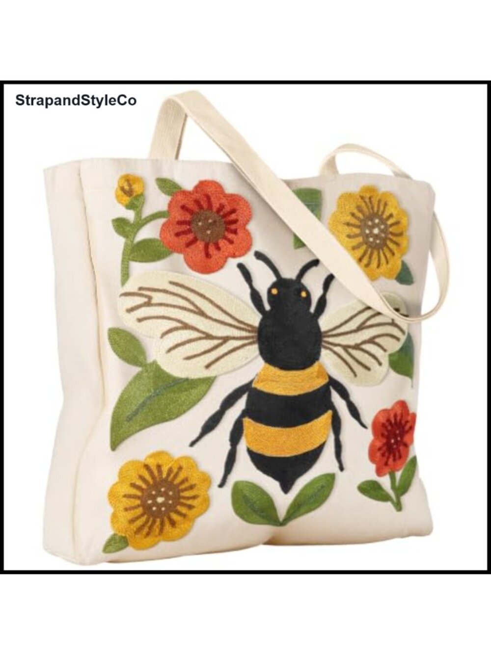 Embroidered Canvas Tote Bag Magnetic Closure Reusable Grocery Shopping Bag